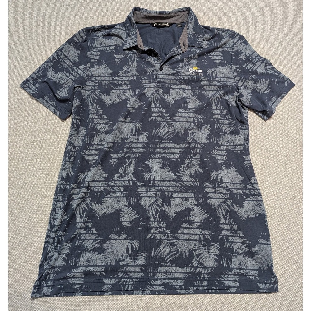 TravisMathew Polo Shirt Men's L Navy Blue Palm Tree Pattern Corona Beer Golf
